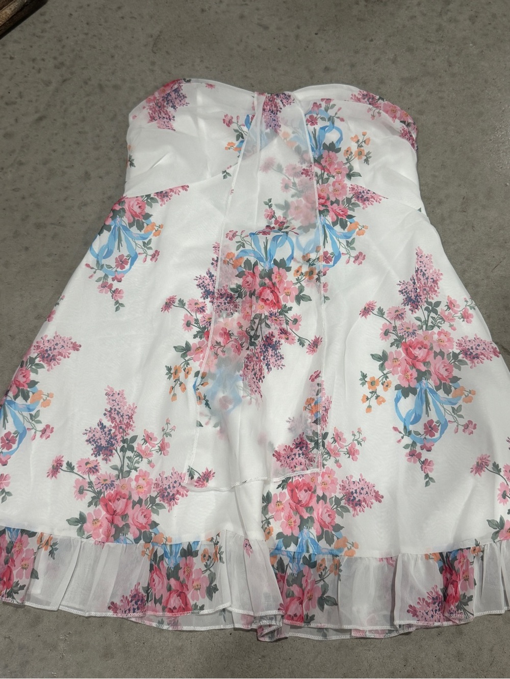 White Floral Strapless Dress with Pink and Blue Print